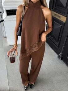 SHEIN Holidaya Setelan Kemeja dan Celana Panjang Elegan 2 Potong Tanpa Lengan dengan Detail Renda dan Potongan Asimetris untuk Wanita, Warna Polos, dan Potongan Elegan. - Coklat - View 6