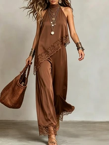 SHEIN Holidaya Setelan Kemeja dan Celana Panjang Elegan 2 Potong Tanpa Lengan dengan Detail Renda dan Potongan Asimetris untuk Wanita, Warna Polos, dan Potongan Elegan. - Coklat - View 1