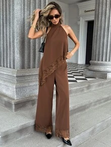 SHEIN Holidaya Setelan Kemeja dan Celana Panjang Elegan 2 Potong Tanpa Lengan dengan Detail Renda dan Potongan Asimetris untuk Wanita, Warna Polos, dan Potongan Elegan. - Coklat - View 7