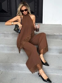 SHEIN Holidaya Setelan Kemeja dan Celana Panjang Elegan 2 Potong Tanpa Lengan dengan Detail Renda dan Potongan Asimetris untuk Wanita, Warna Polos, dan Potongan Elegan. - Coklat - View 5