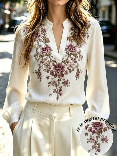 SHEIN Women's White Floral Print Stand Collar Blouse, Vintage Loose Shirt For Spring Summer Beach Vacation
