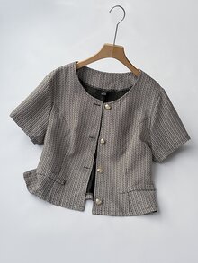 Grovea Plus Size French Tweed Short Sleeve Jacket Winter - Black and White - View 3
