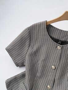Grovea Plus Size French Tweed Short Sleeve Jacket Winter - Black and White - View 6