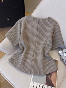Grovea Plus Size French Tweed Short Sleeve Jacket Winter - Black and White - View 2