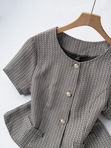 Grovea Plus Size French Tweed Short Sleeve Jacket Winter - Black and White - View 7