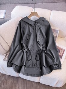 Grovea Plus Size Casual Vacation Commute Grey Cinched Waist Utility Jacket Fall - Grey - View 7
