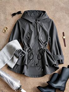 Grovea Plus Size Casual Vacation Commute Grey Cinched Waist Utility Jacket Fall - Grey - View 1