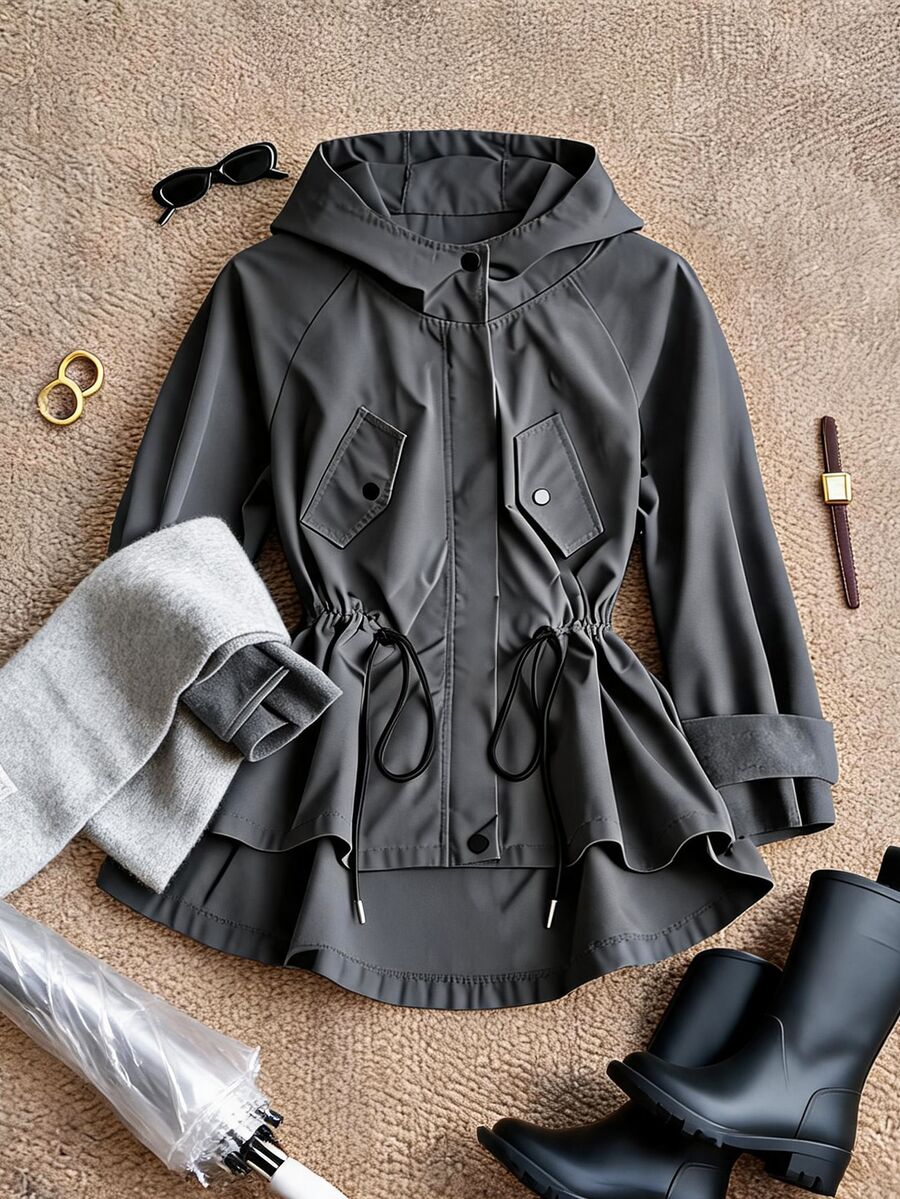 Grovea Plus Size Casual Vacation Commute Grey Cinched Waist Utility Jacket Fall - Grey - View 1