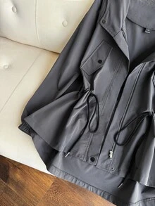 Grovea Plus Size Casual Vacation Commute Grey Cinched Waist Utility Jacket Fall - Grey - View 5