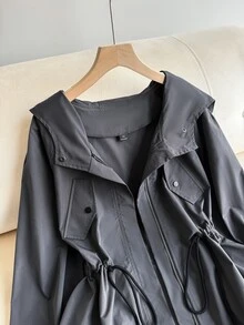 Grovea Plus Size Casual Vacation Commute Grey Cinched Waist Utility Jacket Fall - Grey - View 4