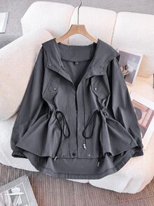 Grovea Plus Size Casual Vacation Commute Grey Cinched Waist Utility Jacket Fall - Grey - View 6