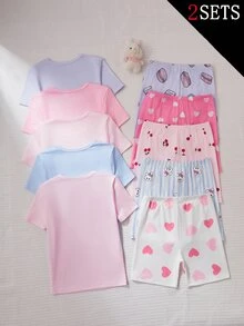 (5套隨機發送2套) 貼身睡衣印有甜美可愛卡通圖案，包括櫻桃、兔子、愛心、甜甜圈等趣味設計，主色調為粉色、藍色、淺紫色，面料採用輕盈光滑的聚酯纖維材質，觸感柔軟親膚不粗糙，短袖短褲貼身款式 - 彩色 - 查看 2