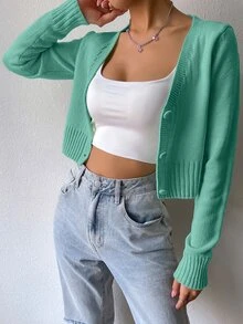 SHEIN Unity Women's Girly Single-Breasted Versatile Minimalist Knit Cardigan - Green - View 8