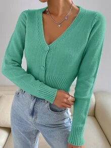 SHEIN Unity Women's Girly Single-Breasted Versatile Minimalist Knit Cardigan - Green - View 3