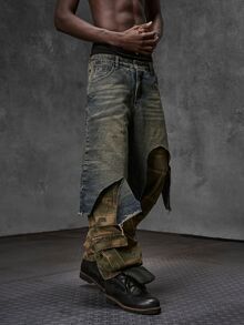 NEON BLANC Men's Camouflage Print Patchwork 2 In 1 Denim Jeans - Bronze - View 3