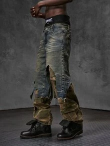 NEON BLANC Men's Camouflage Print Patchwork 2 In 1 Denim Jeans - Bronze - View 2