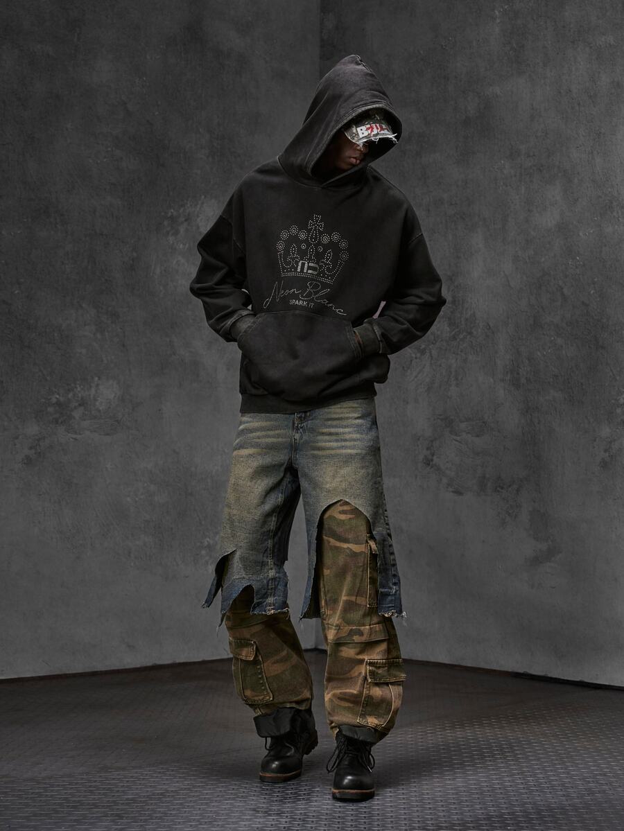 NEON BLANC Men's Camouflage Print Patchwork 2 In 1 Denim Jeans - Bronze - View 1