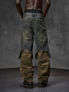 NEON BLANC Men's Camouflage Print Patchwork 2 In 1 Denim Jeans - Bronze - View 4