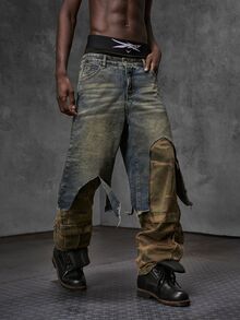NEON BLANC Men's Camouflage Print Patchwork 2 In 1 Denim Jeans - Bronze - View 5