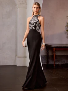 MOTF Soiréza WOMEN'S SPRING/SUMMER RHINESTONE BEADED DETAIL MERMAID HEM DRESS - Black - View 6