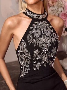 MOTF Soiréza WOMEN'S SPRING/SUMMER RHINESTONE BEADED DETAIL MERMAID HEM DRESS - Black - View 2