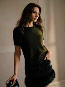 MOTF PREMIUM WOMEN'S RHINESTONE DECORATED SHORT SLEEVE KNIT TOP - Army Green - View 7