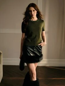 MOTF PREMIUM WOMEN'S RHINESTONE DECORATED SHORT SLEEVE KNIT TOP - Army Green - View 6