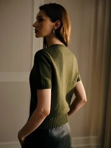 MOTF PREMIUM WOMEN'S RHINESTONE DECORATED SHORT SLEEVE KNIT TOP - Army Green - View 4