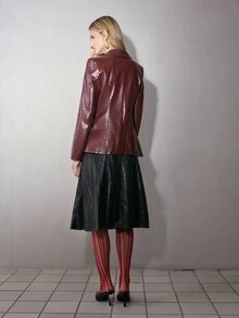 MOTF PREMIUM Blazer Wanita Lengan Panjang Motif Kotak-kotak Tenun Mewah Bergaya dari Kulit Sintetis - Coklat - View 3
