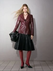MOTF PREMIUM Blazer Wanita Lengan Panjang Motif Kotak-kotak Tenun Mewah Bergaya dari Kulit Sintetis - Coklat - View 5