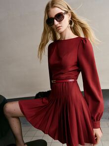 MOTF PREMIUM FASHIONABLE DESIGN EXQUISITE PLEATED LONG SLEEVE BOAT NECK SHORT DRESS - Burgundy - View 5
