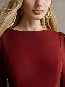 MOTF PREMIUM FASHIONABLE DESIGN EXQUISITE PLEATED LONG SLEEVE BOAT NECK SHORT DRESS - Burgundy - View 2