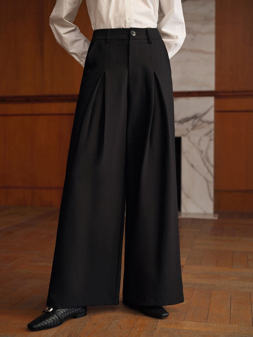 MOTF SOLID COLOR FOLD PLEATED WIDE LEG SUIT PANTS FOR COMMUTING