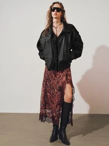 MOTF PREMIUM PAISLEY PRINT CONTRAST LACE HOLLOW PATCHWORK SHEER LONG SLIP DRESS - Orange - View 3