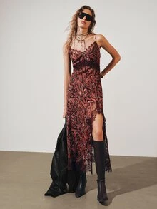 MOTF PREMIUM PAISLEY PRINT CONTRAST LACE HOLLOW PATCHWORK SHEER LONG SLIP DRESS - Orange - View 1