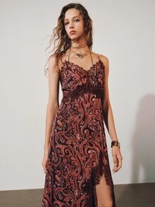 MOTF PREMIUM PAISLEY PRINT CONTRAST LACE HOLLOW PATCHWORK SHEER LONG SLIP DRESS - Orange - View 5