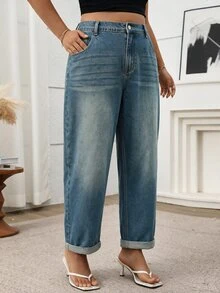 SHEIN Plus Cat Whisker Tapered Leg Jeans - Dark Wash - View 7