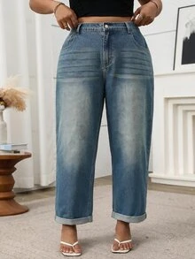 SHEIN Plus Cat Whisker Tapered Leg Jeans - Dark Wash - View 3