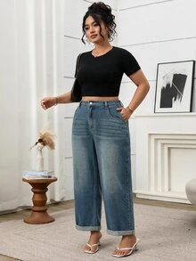 SHEIN Plus Cat Whisker Tapered Leg Jeans - Dark Wash - View 4