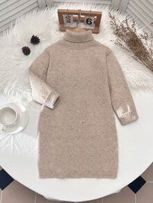 SHEIN Girls' New Round Neck Slouchy Fashion Sweet Bow Sweater Dress, Stylish And Beautiful, Suitable For Home, Outings, Parties, And Back To School - Khaki - View 8