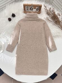 SHEIN Girls' New Round Neck Slouchy Fashion Sweet Bow Sweater Dress, Stylish And Beautiful, Suitable For Home, Outings, Parties, And Back To School - Khaki - View 2