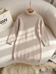 SHEIN Girls' New Round Neck Slouchy Fashion Sweet Bow Sweater Dress, Stylish And Beautiful, Suitable For Home, Outings, Parties, And Back To School - Khaki - View 1