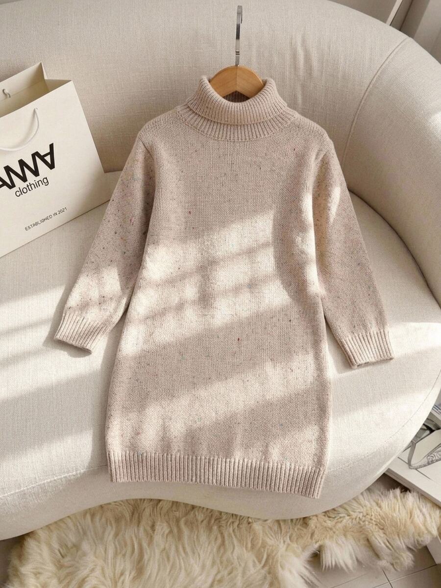 SHEIN Girls' New Round Neck Slouchy Fashion Sweet Bow Sweater Dress, Stylish And Beautiful, Suitable For Home, Outings, Parties, And Back To School - Khaki - View 1