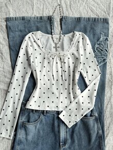 SHEIN 兒童青少年女孩波點休閒日常長袖T恤 - 黑與白 - 查看 6