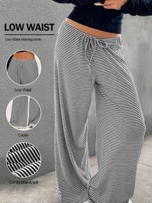 SHEIN BASICS 女款休閒針織黑白條紋格紋寬鬆寬腿長褲，運動休閒褲，秋季居家休閒 - 黑色 - 查看 7