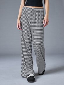 SHEIN BASICS 女款休閒針織黑白條紋格紋寬鬆寬腿長褲，運動休閒褲，秋季居家休閒 - 黑色 - 查看 4
