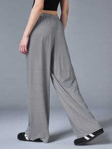 SHEIN BASICS 女款休閒針織黑白條紋格紋寬鬆寬腿長褲，運動休閒褲，秋季居家休閒 - 黑色 - 查看 3