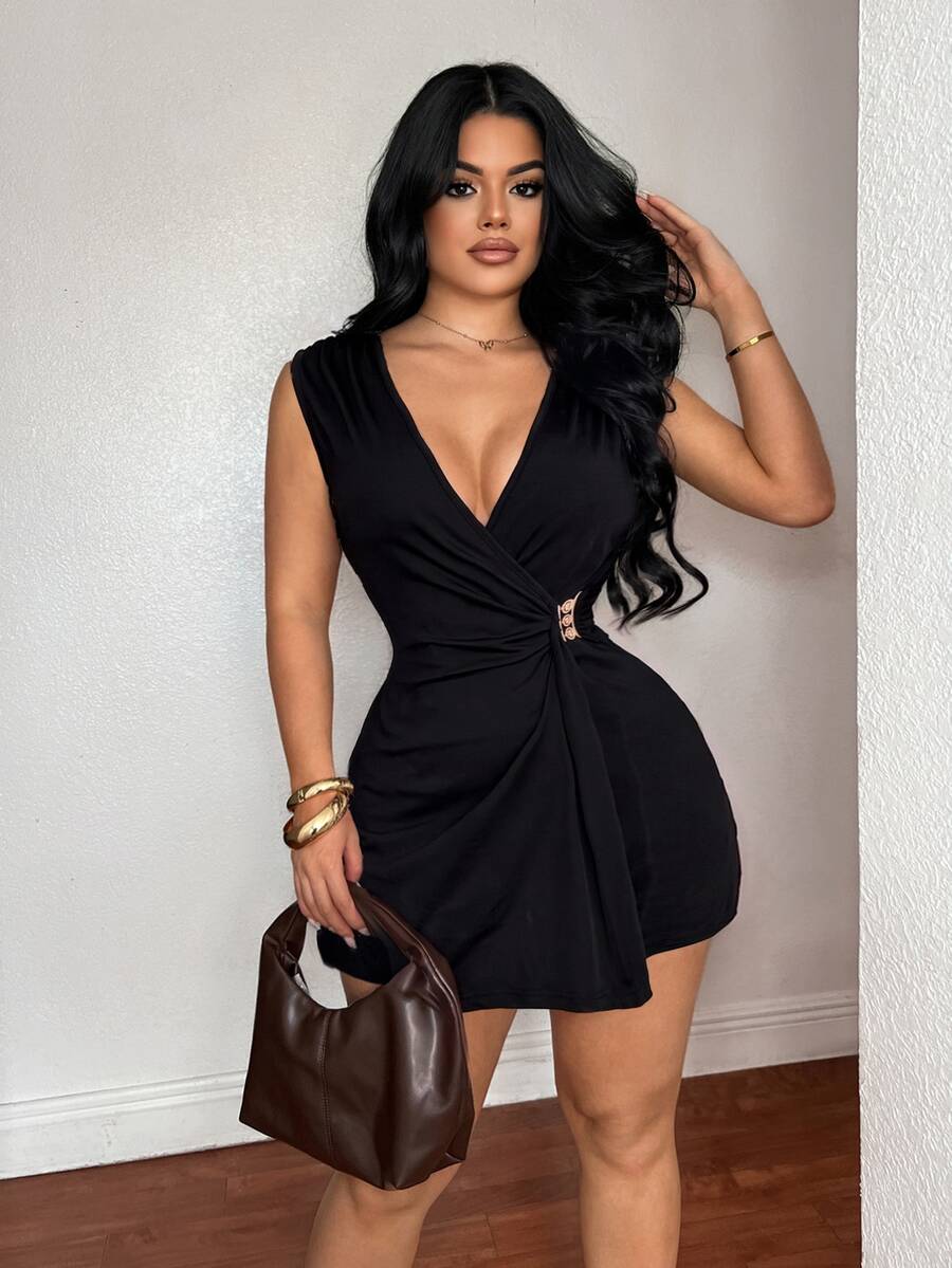 SHEIN SXY Women's Solid Color Pleated Casual Daily Wear Romper - Black - View 1