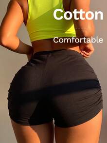 SHEIN SXY Women's Solid Color Pleated Casual Sexy Versatile Daily Shorts Workout Gym Black Summer Night - Black - View 7