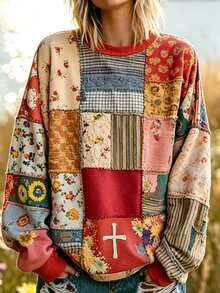 Breezaya Sweatshirt Motif Retro Ukuran Besar untuk Wanita, Potongan Longgar, Bahan Fleece Lembut, Lengan Panjang, Atasan Kasual Motif Berburu Pedesaan untuk Musim Dingin - MultiWarna - View 4